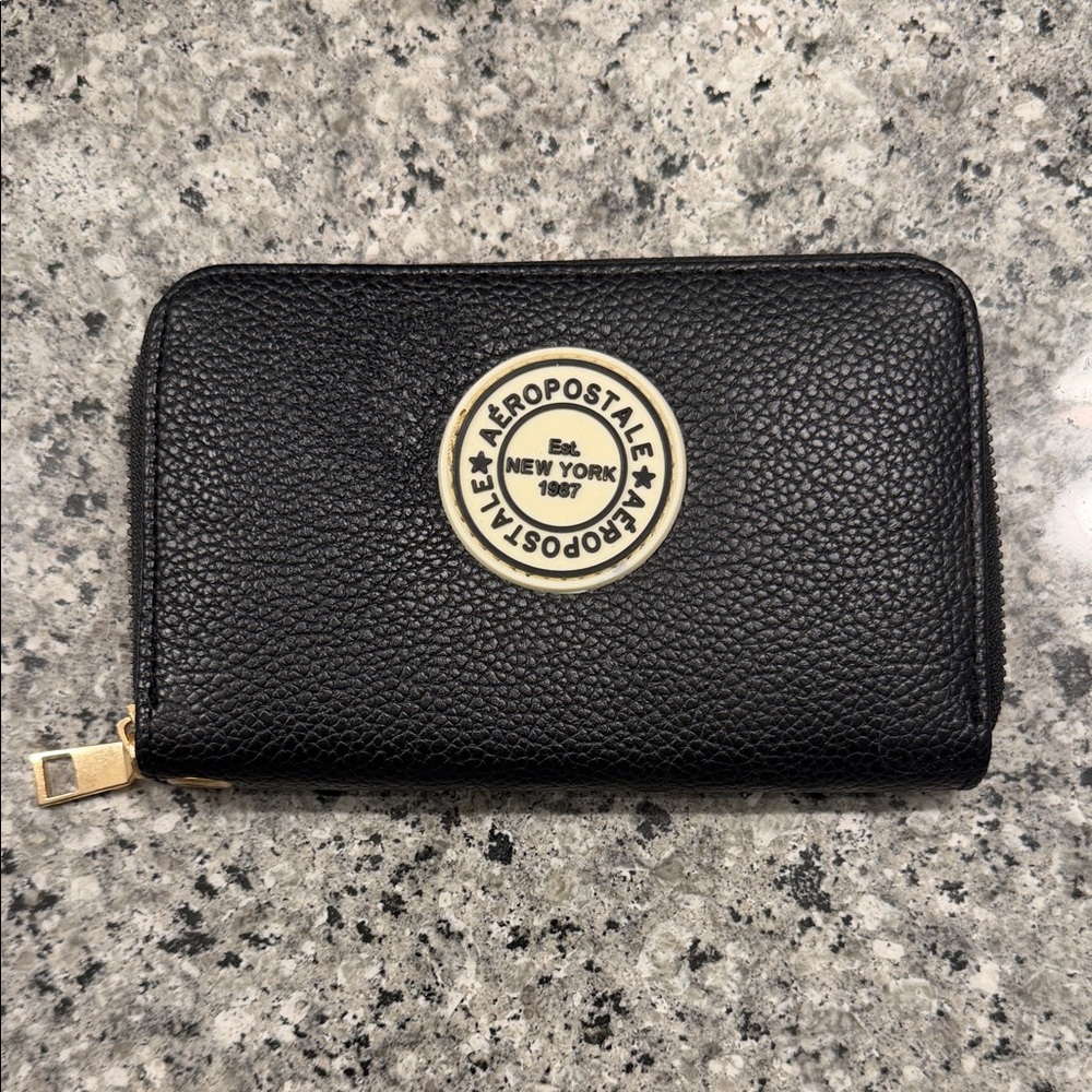 Aeropostale Black Textured Wallet with Gold Zipper